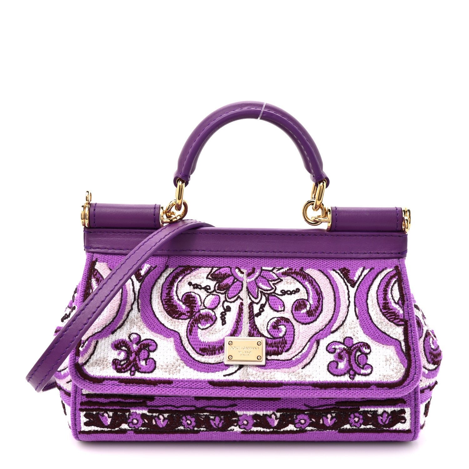 Dolce & Gabbana Canvas Embroidery Majolica Small Sicily Handbag Purple