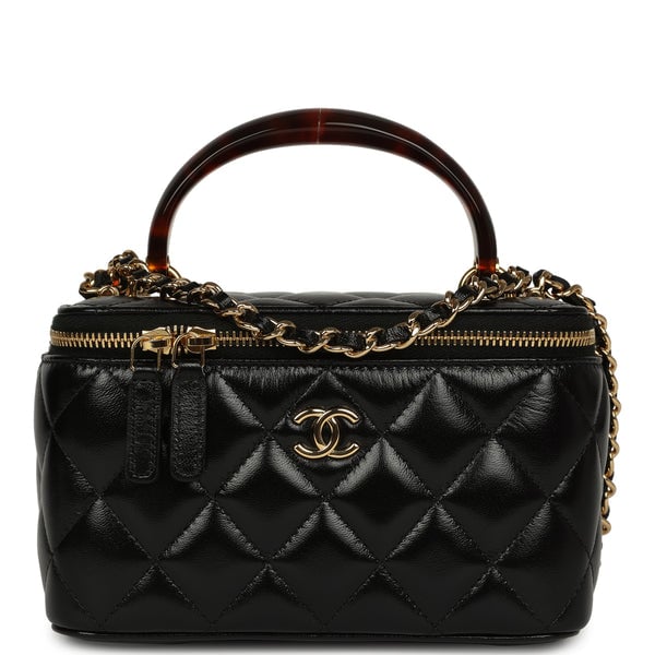 Chanel Small Tortoiseshell Top Handle Vanity Case Black Shiny Lambskin Gold Hardware