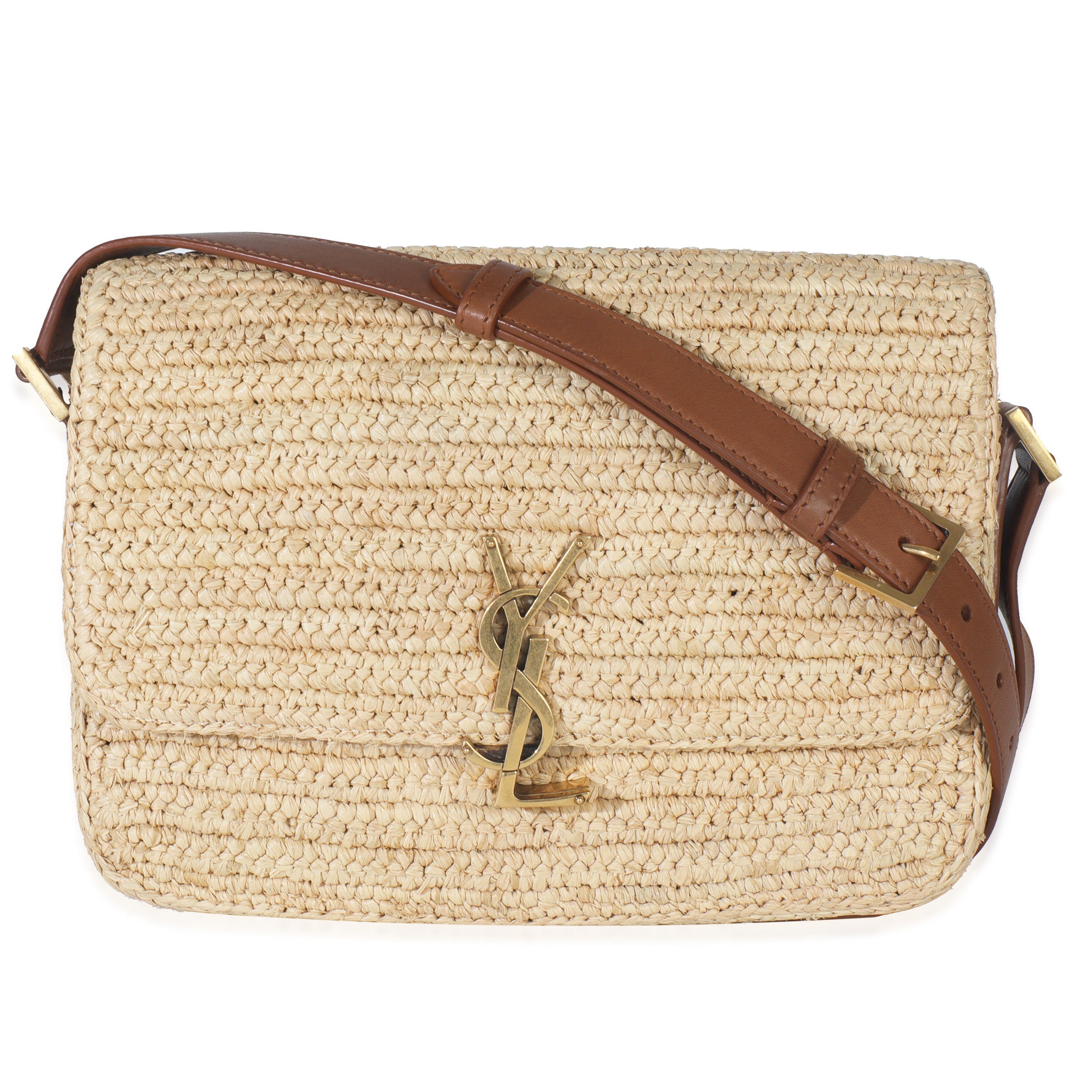 Saint Laurent Beige Raffia Tan Calfskin Medium Monogram Solferino Satchel