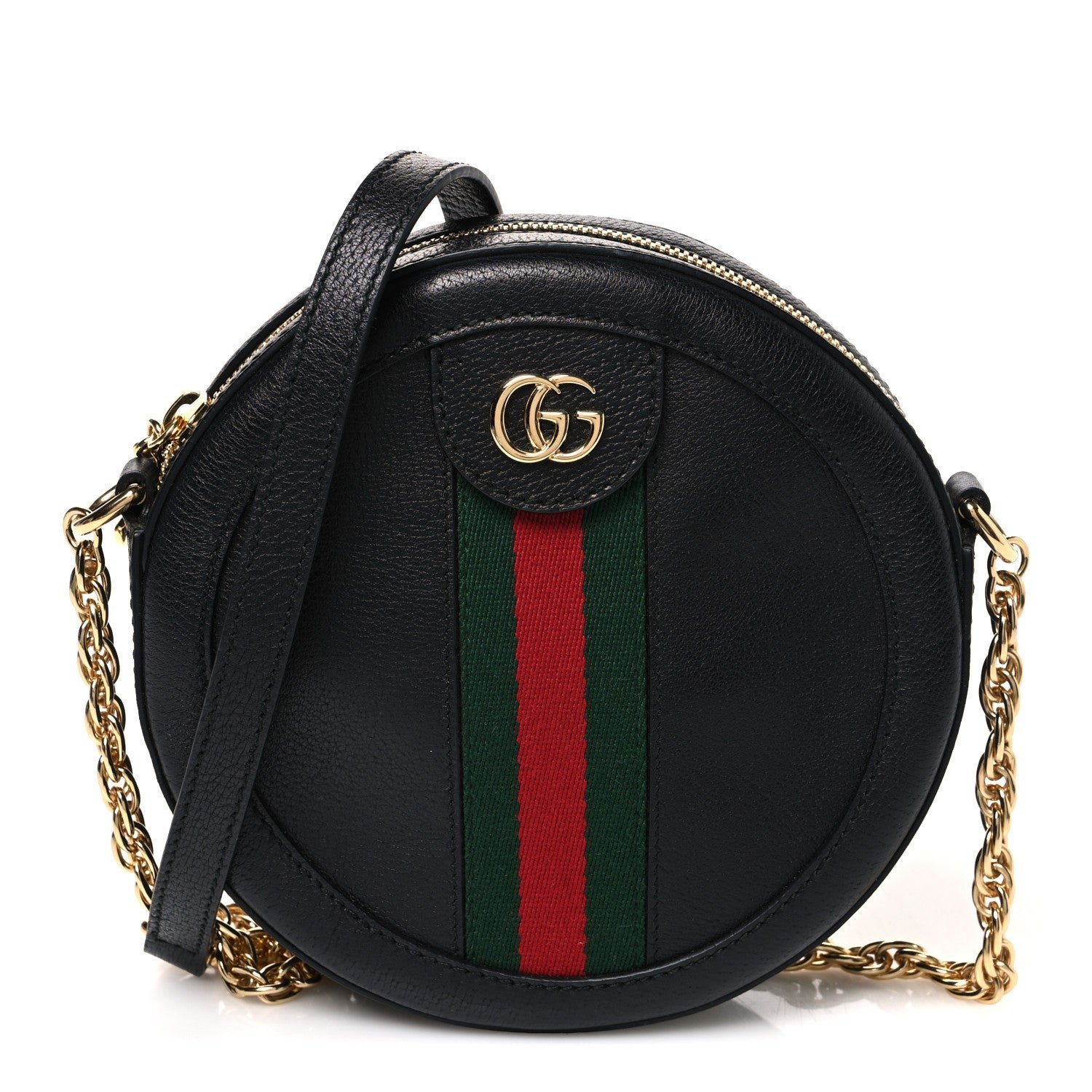 Gucci Grained Calfskin Web Mini Ophidia Round Shoulder Bag Black