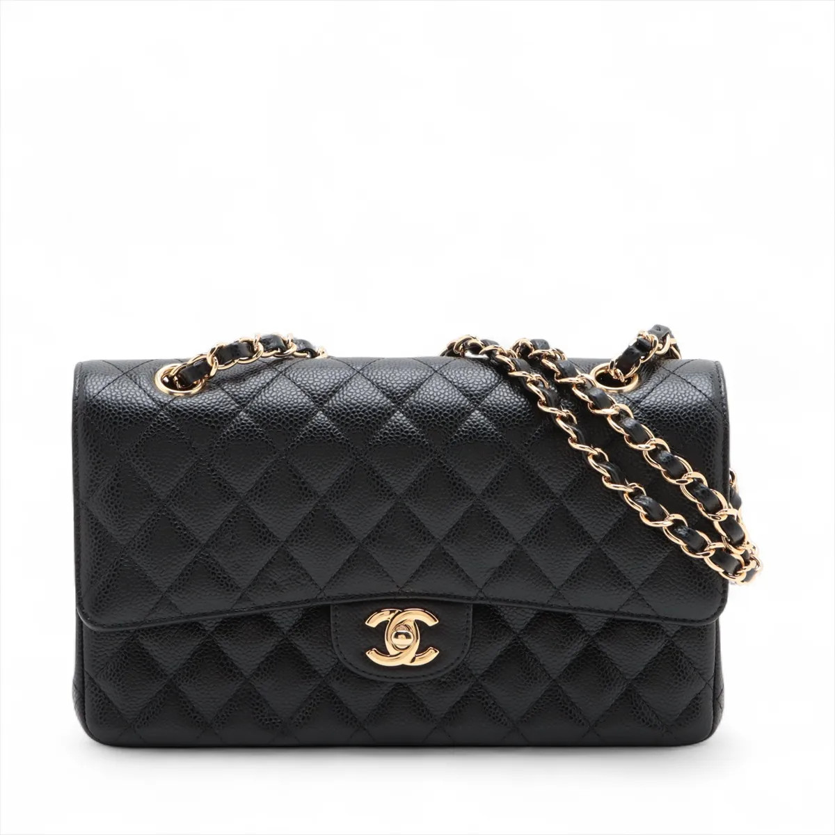 Chanel Matelasse 25 Caviar Skin Double Flap Double Chain Bag Black Gold Metal Fi