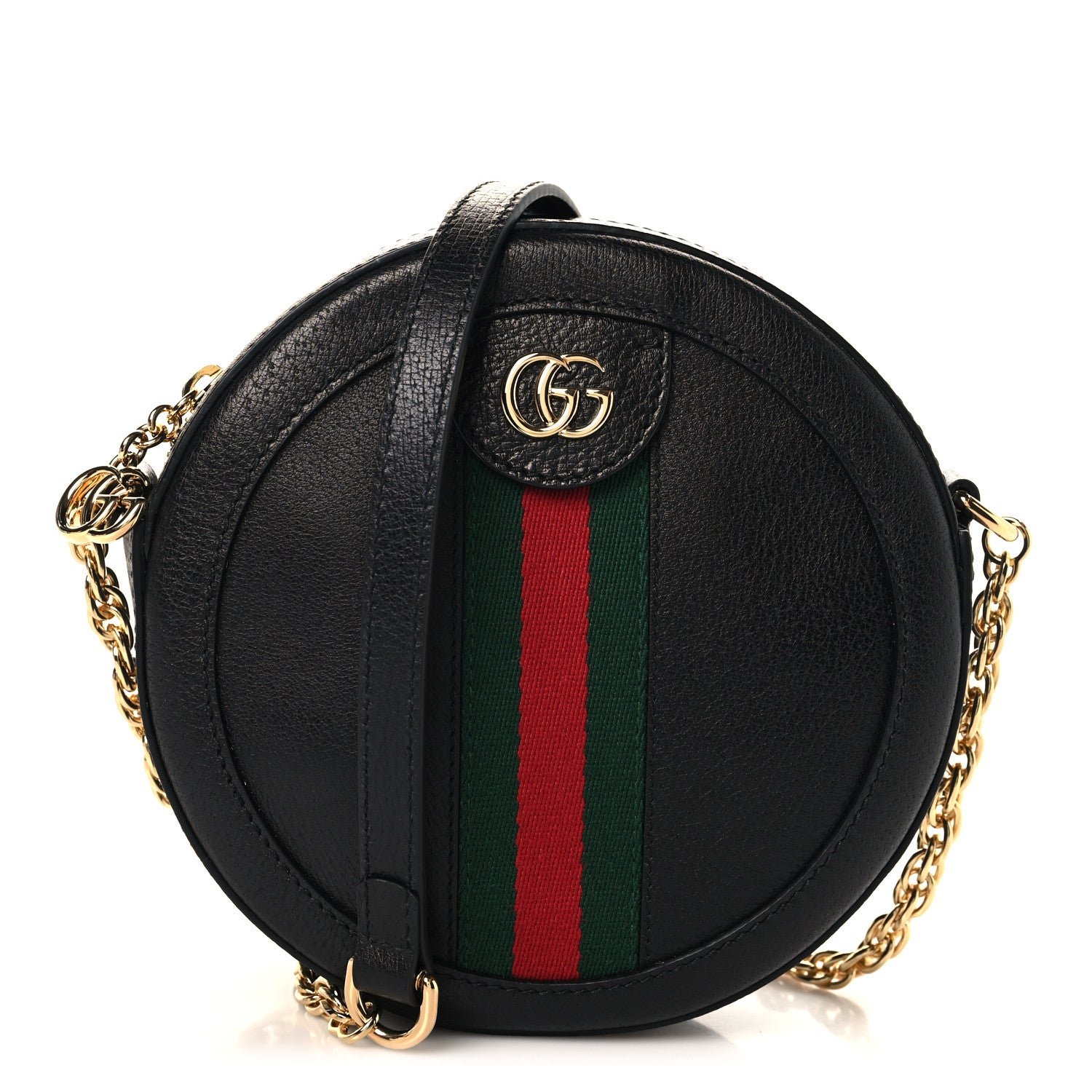 Gucci Grained Calfskin Web Mini Ophidia Round Shoulder Bag Black