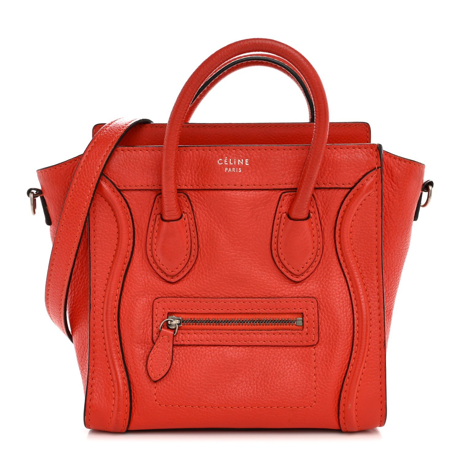 Celine Drummed Calfskin Nano Luggage Vermillion