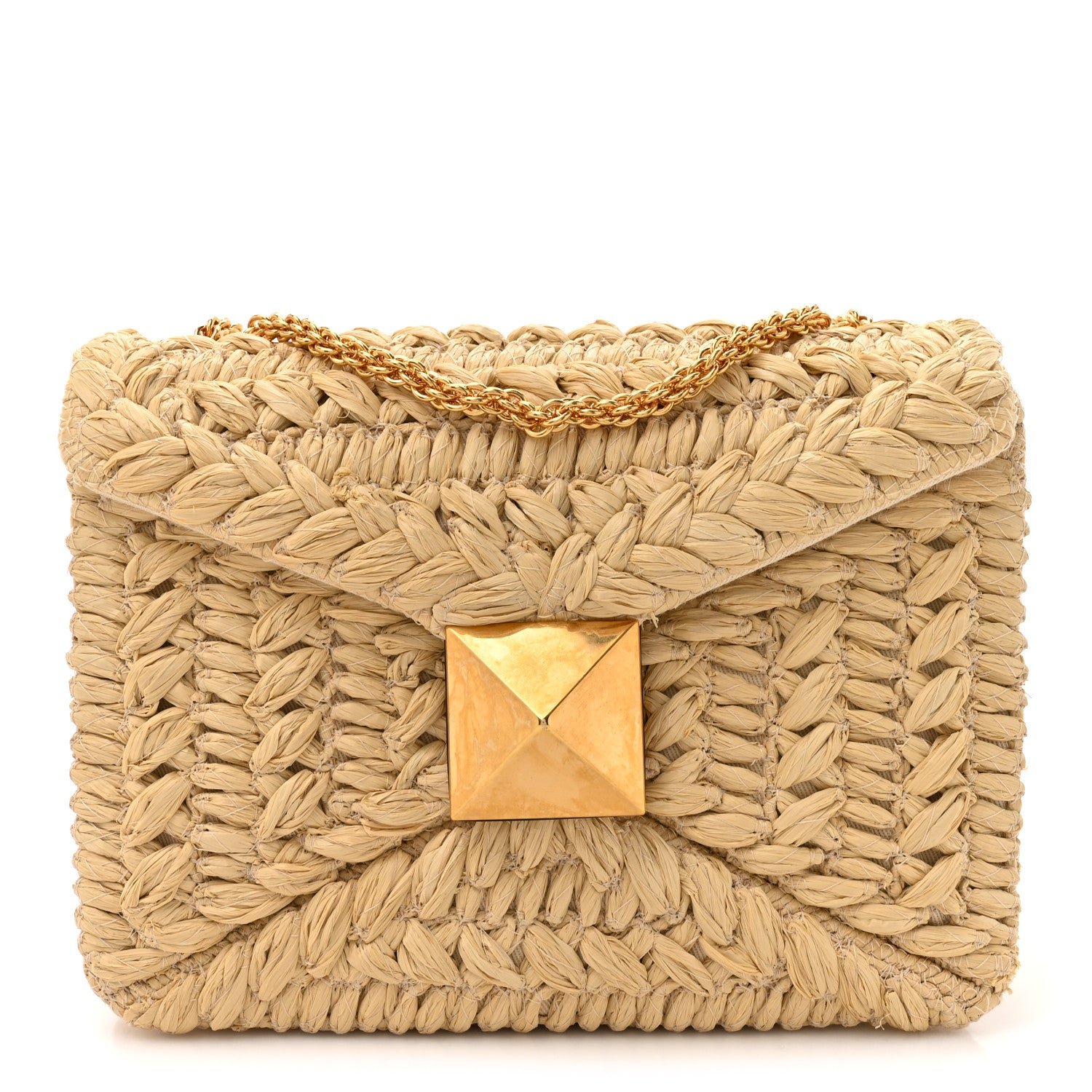 Valentino Garavani Raffia One Stud Chain Clutch Natural
