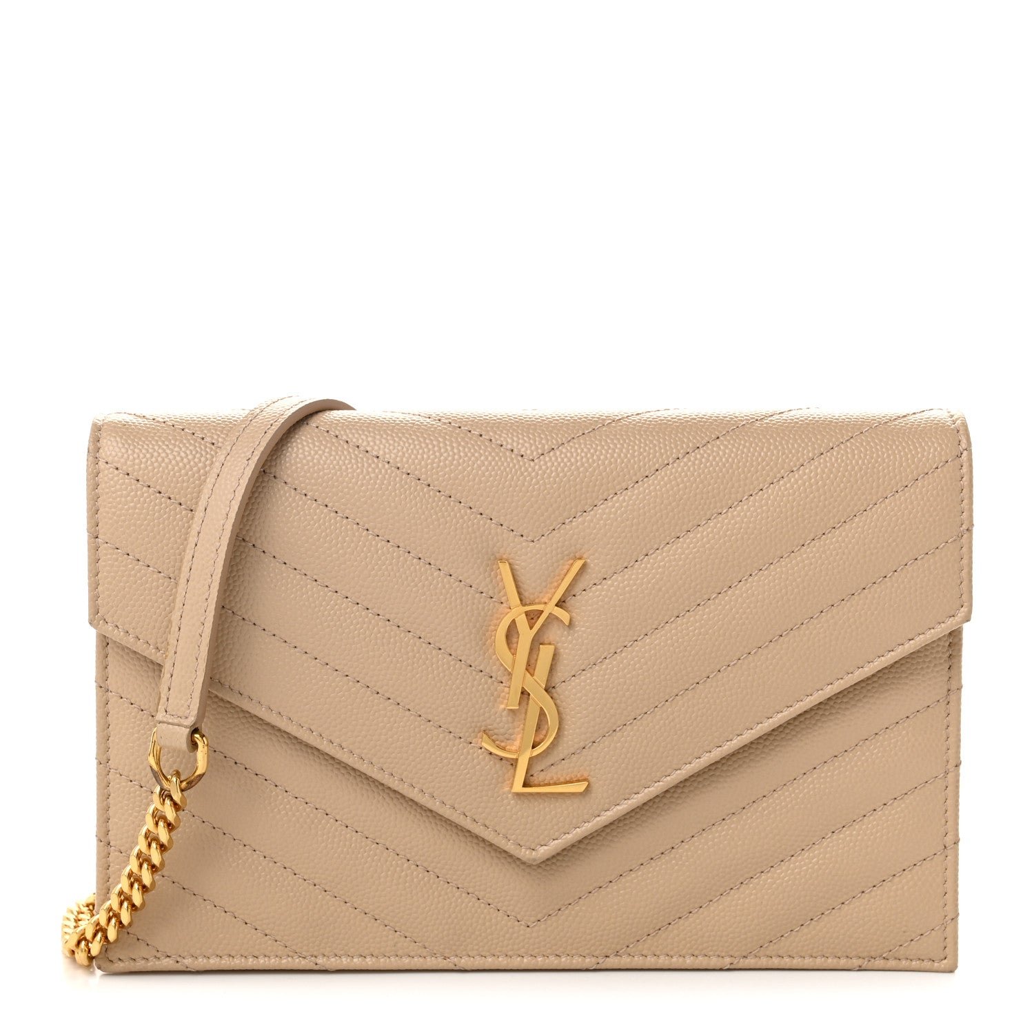 Saint Laurent Grain De Poudre Matelasse Chevron Monogram Envelope Chain Wallet Nude Powder