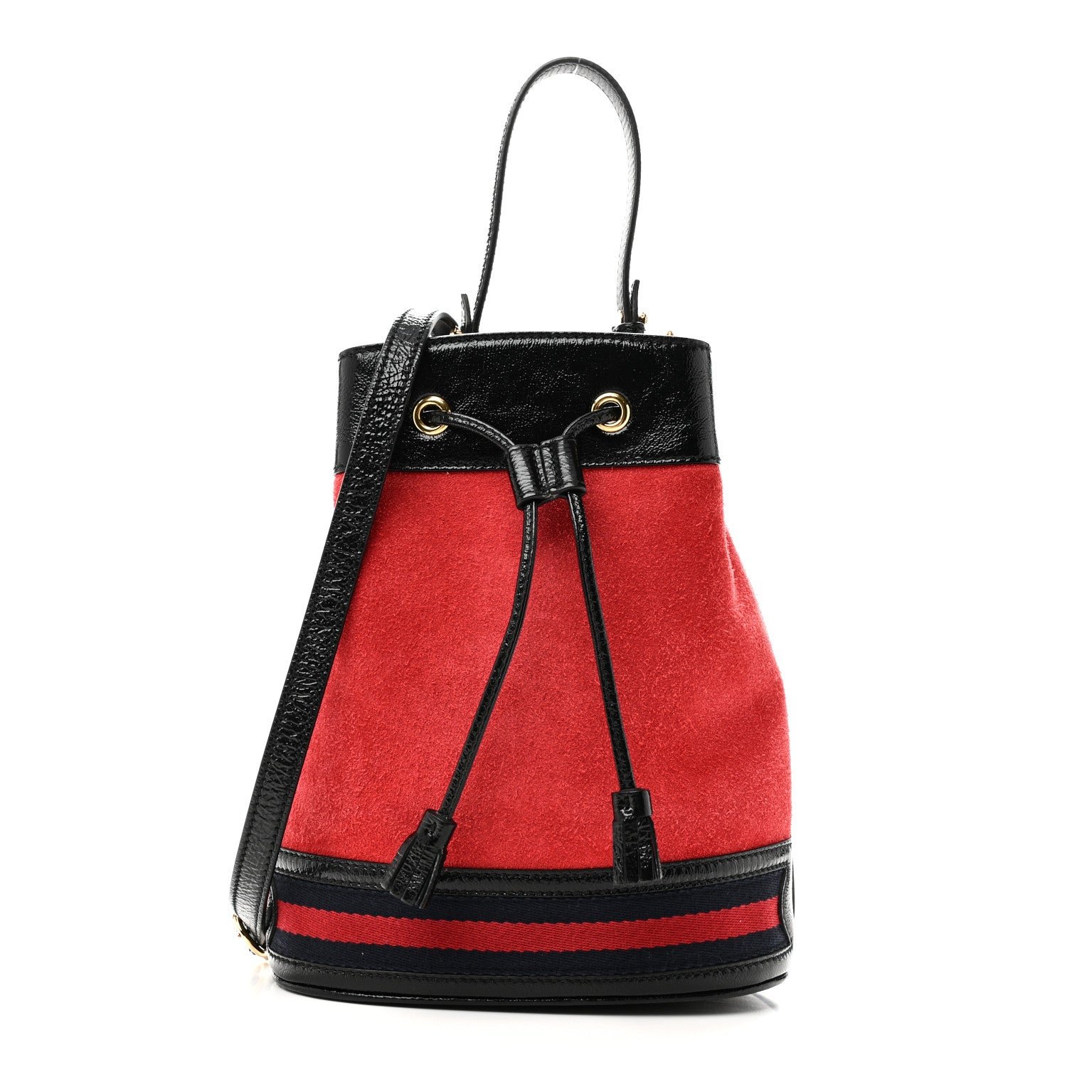 Gucci Suede Patent Web Small Ophidia Bucket Bag Hibiscus Red Black