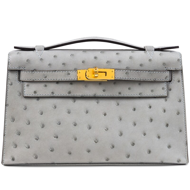 Hermes Bleu Glacier Ostrich Kelly Pochette Gold Hardware, 2024