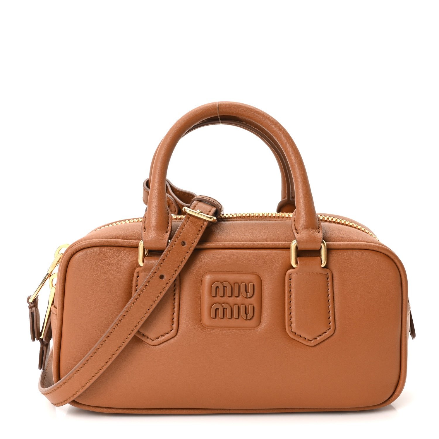 Miu Miu Calfskin Regular Arcadie Top Handle Bag Cognac