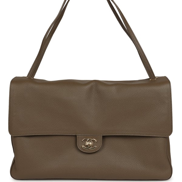 Chanel Maxi "Souplissimo" Large Flap Bag Dark Khaki Grained Calfskin Gold Hardware