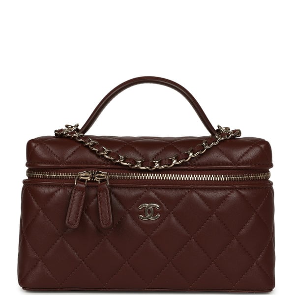 Chanel Top Handle Long Vanity Case with Chain Brown Lambskin Light Gold Hardware
