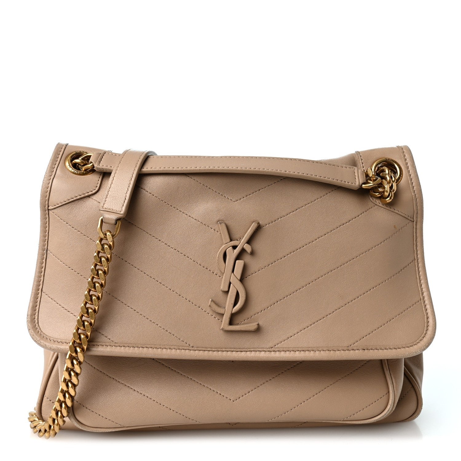 Saint Laurent Lambskin Matelasse Monogram Medium Niki Chain Satchel Dark Beige