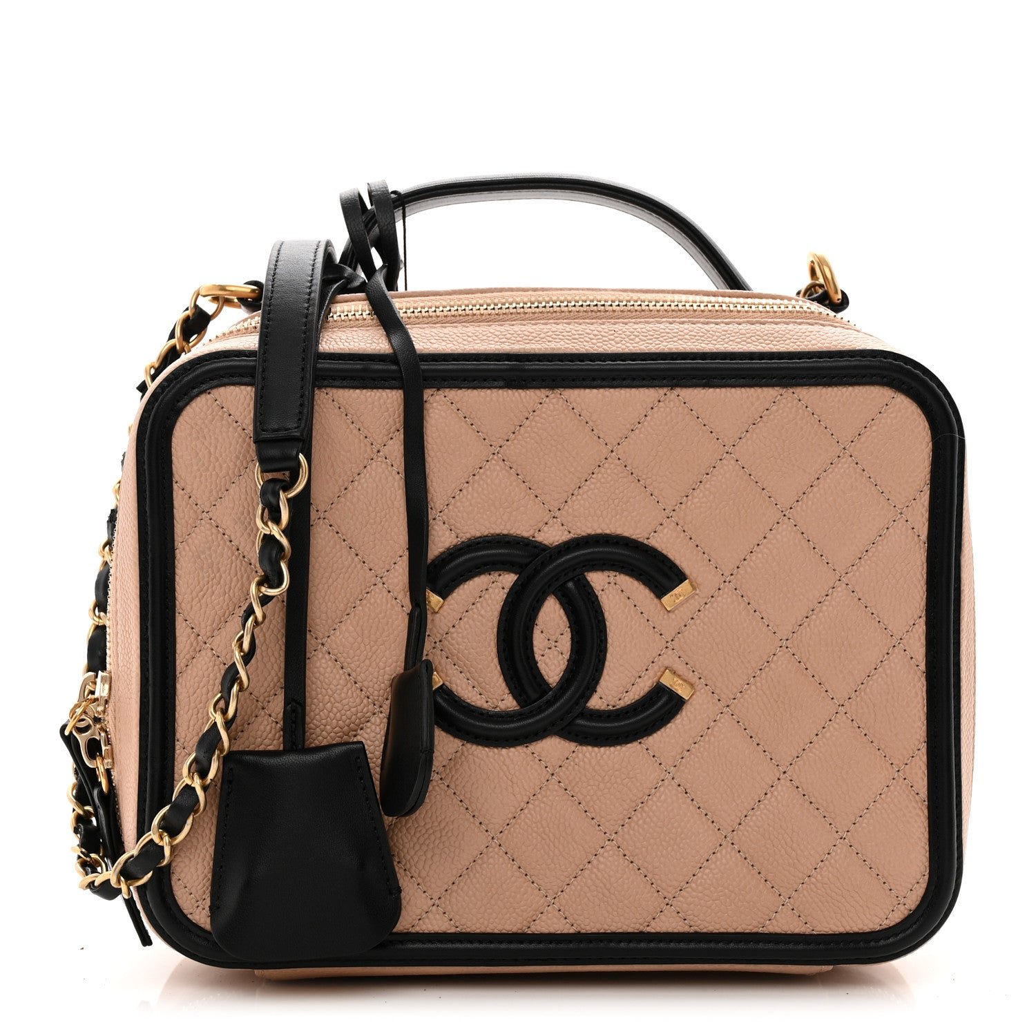 Chanel Caviar Quilted Large CC Filigree Vanity Case Beige Black