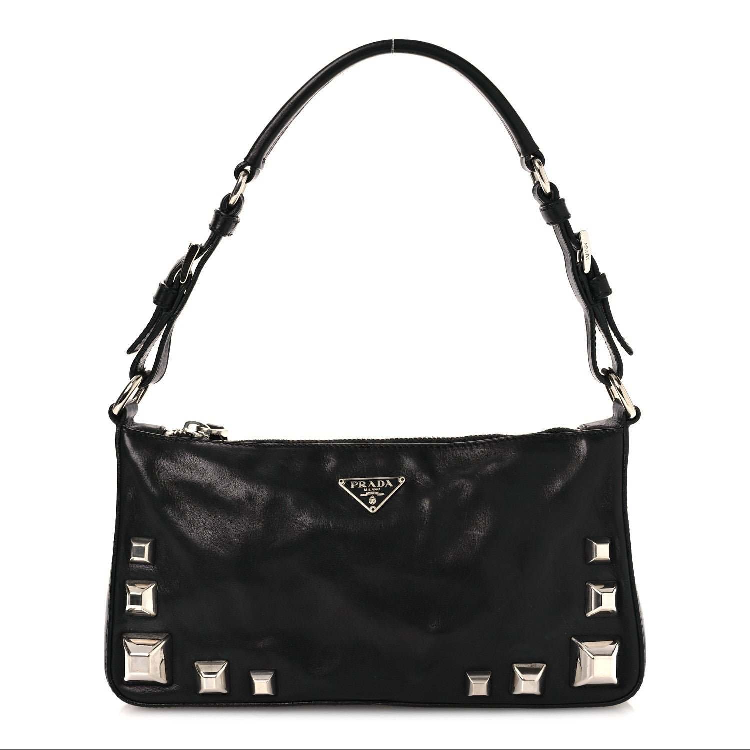 Prada Calfskin Studded Shoulder Bag Black