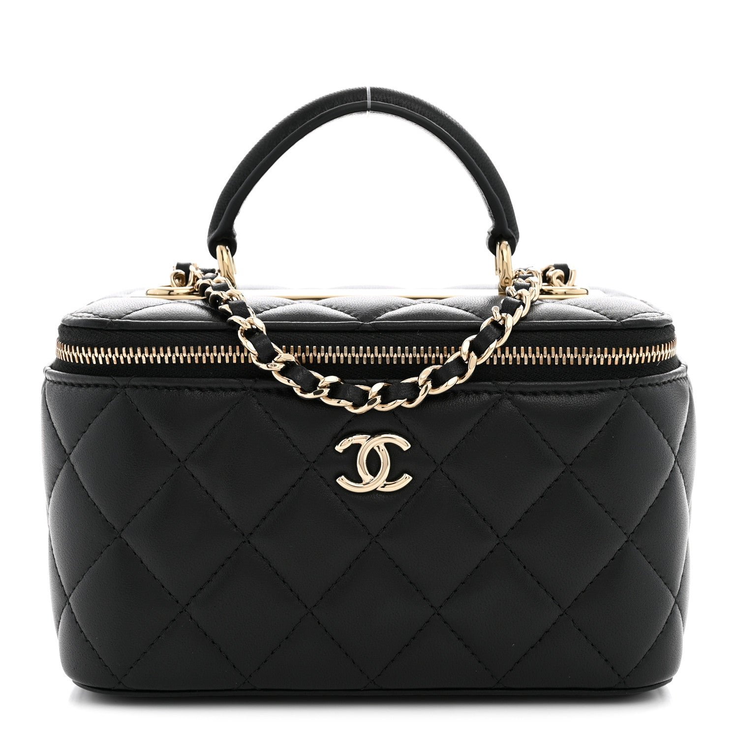 Chanel Lambskin Quilted Trendy Small Top Handle Vanity Case With Chain Black