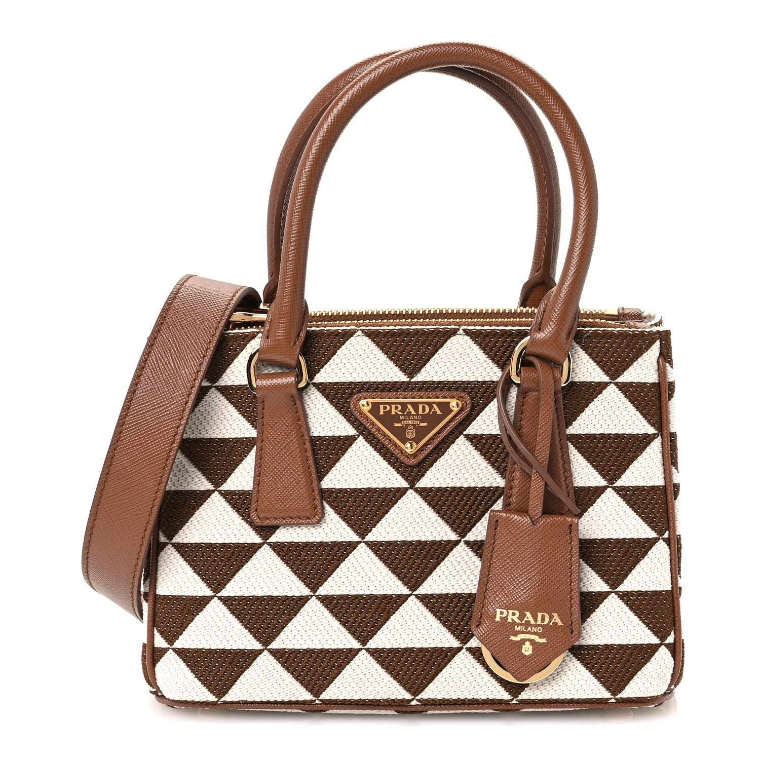 Prada Jacquard Saffiano Triangolo Symbole Embroidered Mini Galleria Double Zip Tote Tabacco Talco