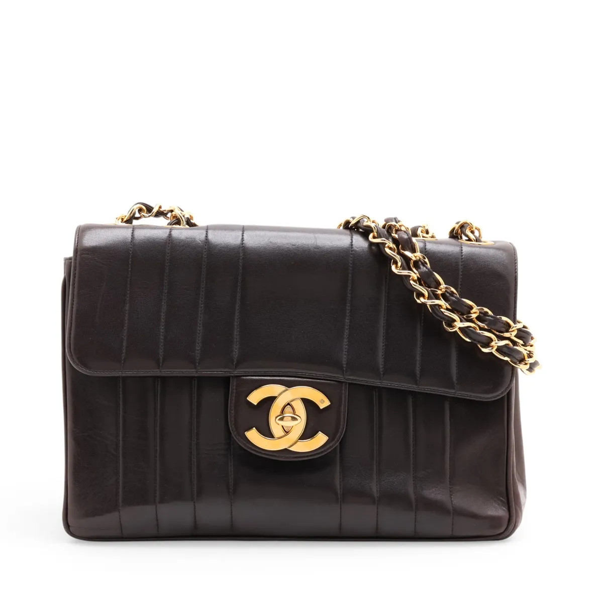 Chanel Mademoiselle Lambskin Single Flap Double Chain Bag Black Gold Metal Fitti