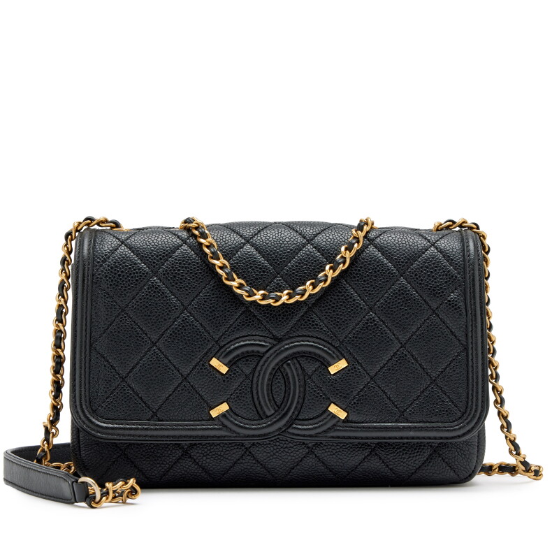 Black Quilted Caviar Small CC Filigree Flap Bag Aged Gold Hardware, 2016