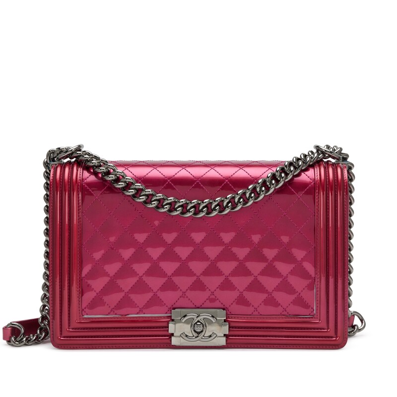 Chanel Metallic Fuschia Quilted Patent New Medium Boy Bag Silver Hardware, 2014