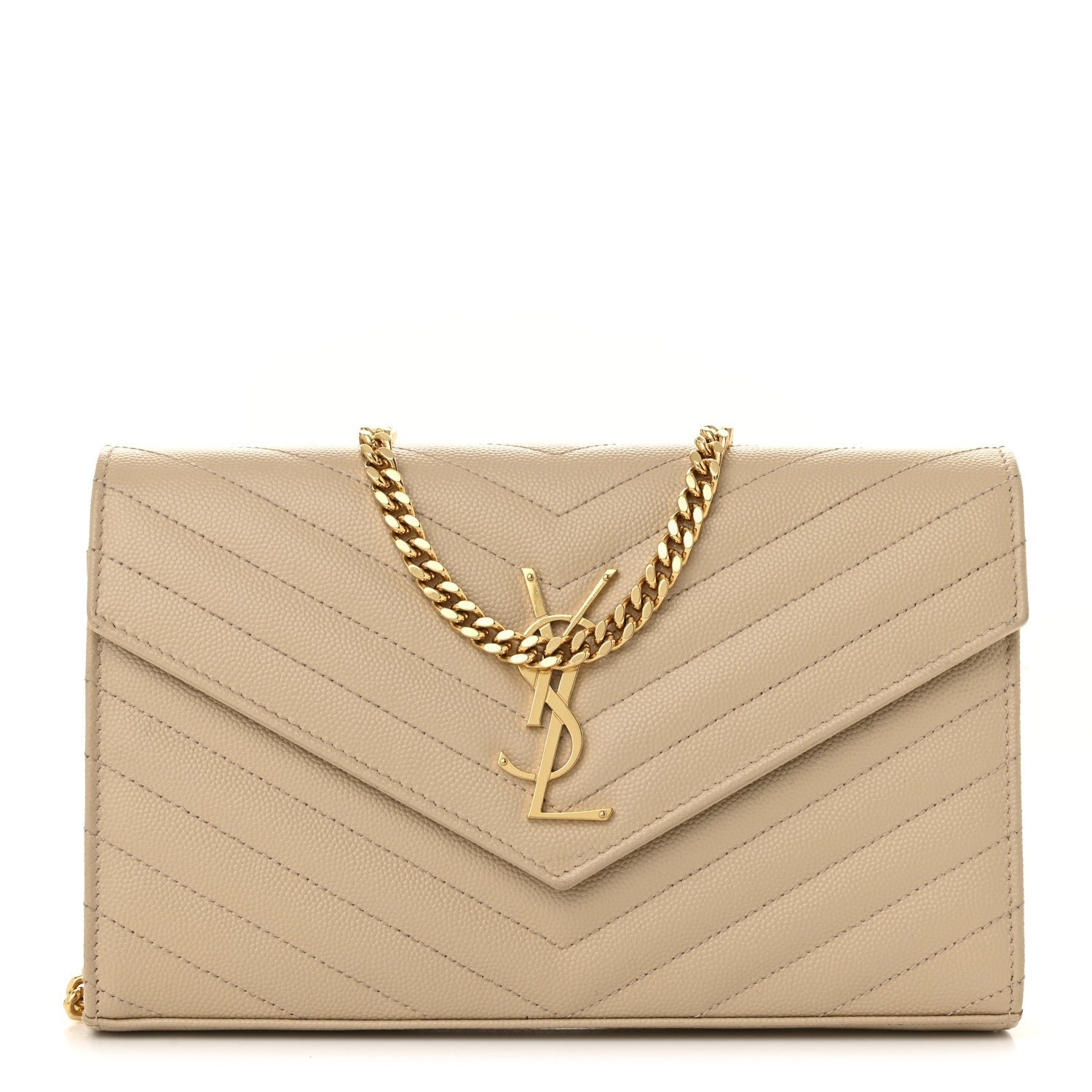 Saint Laurent Grain De Poudre Matelasse Chevron Monogram Chain Wallet Nude Powder