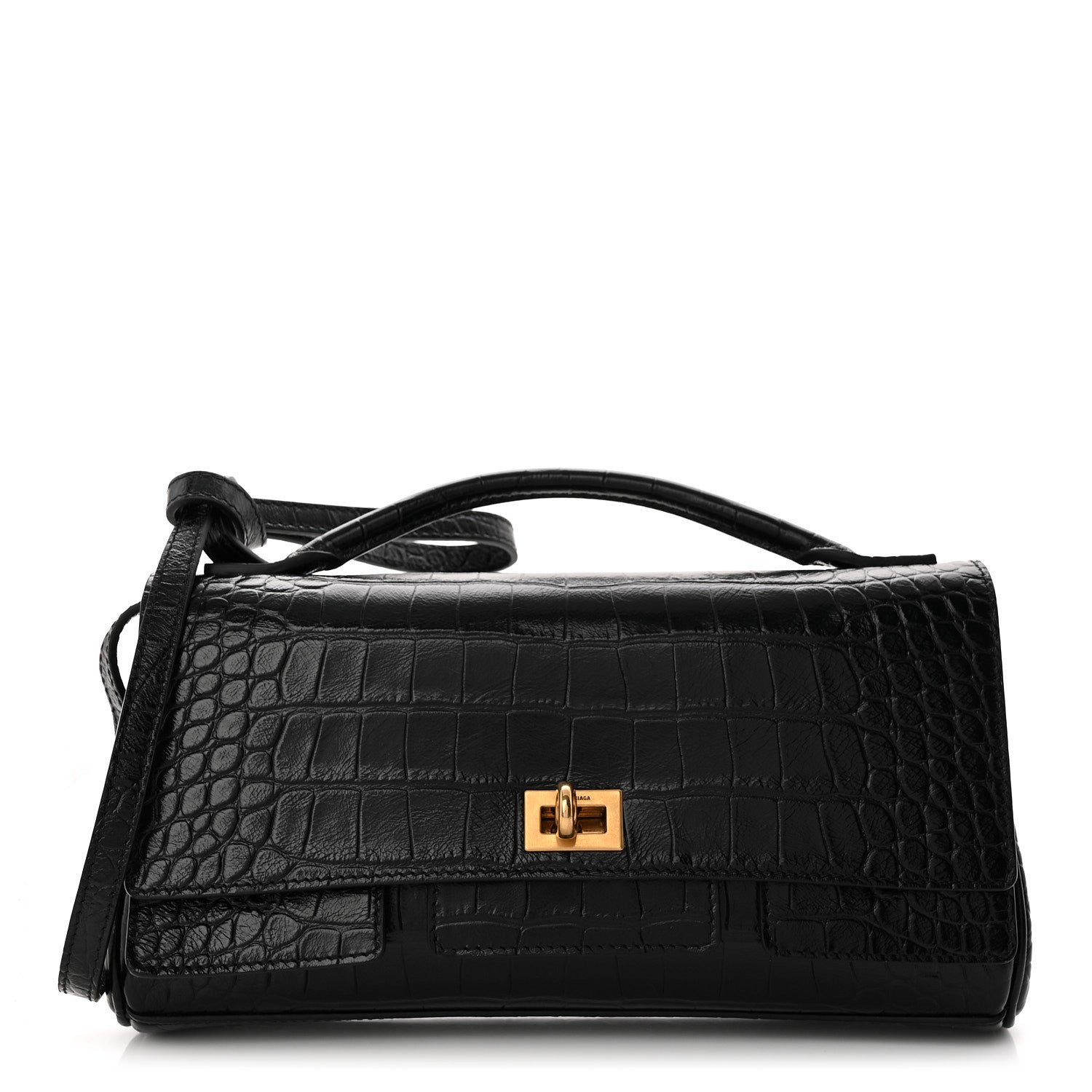 Balenciaga Crocodile Embossed Small Bel Air Clutch On Strap Black