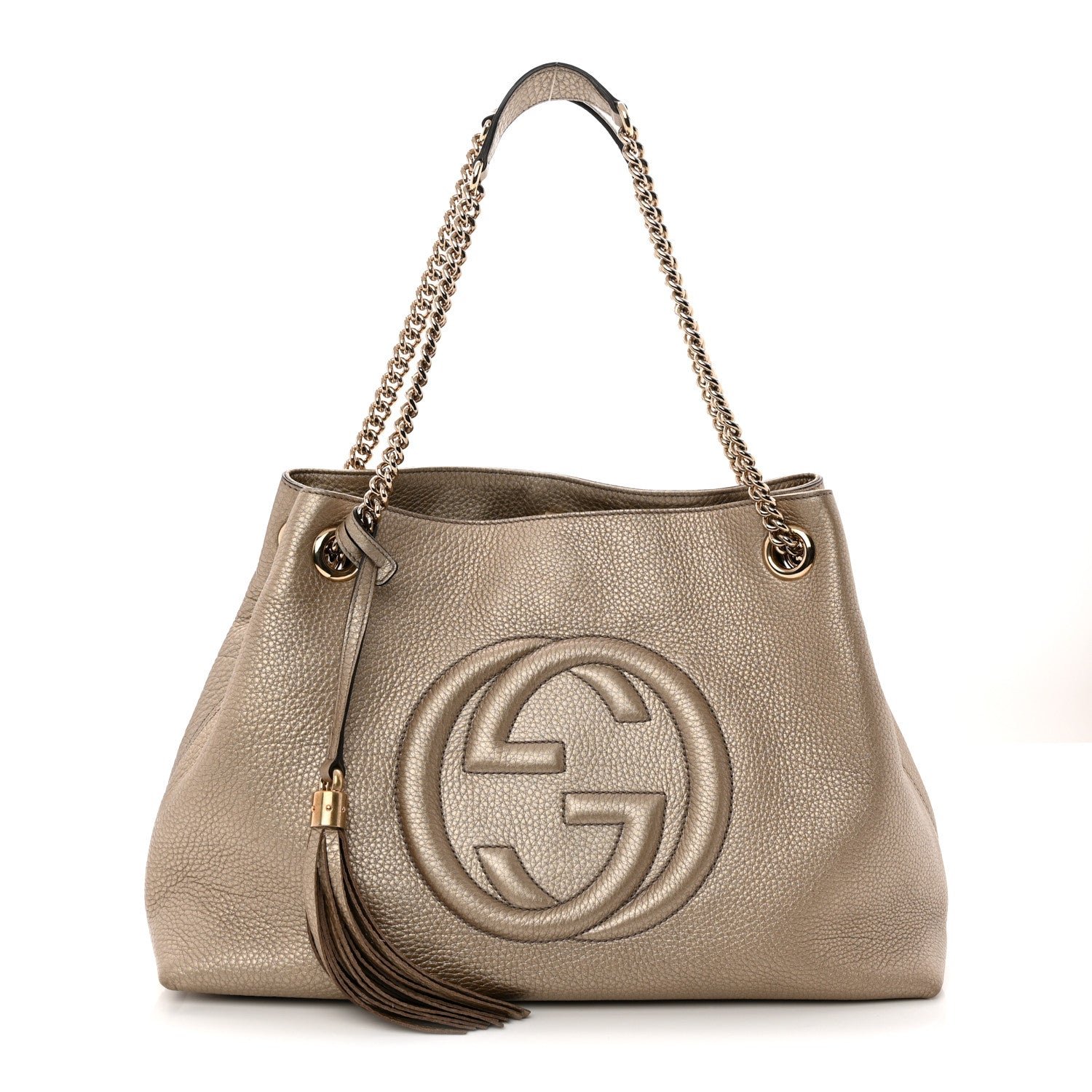 Gucci Metallic Pebbled Calfskin Medium Soho Chain Shoulder Bag Golden Beige