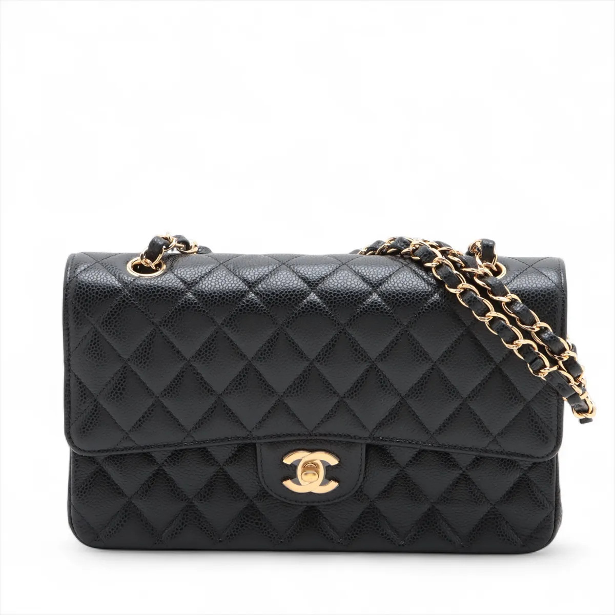 Chanel Matelasse 25 Caviar Skin Double Flap Double Chain Bag Black Gold Metal Fi