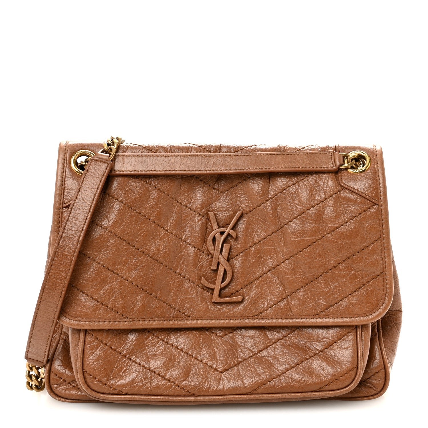Saint Laurent Crinkled Calfskin Matelasse Monogram Medium Niki Chain Satchel Caramel
