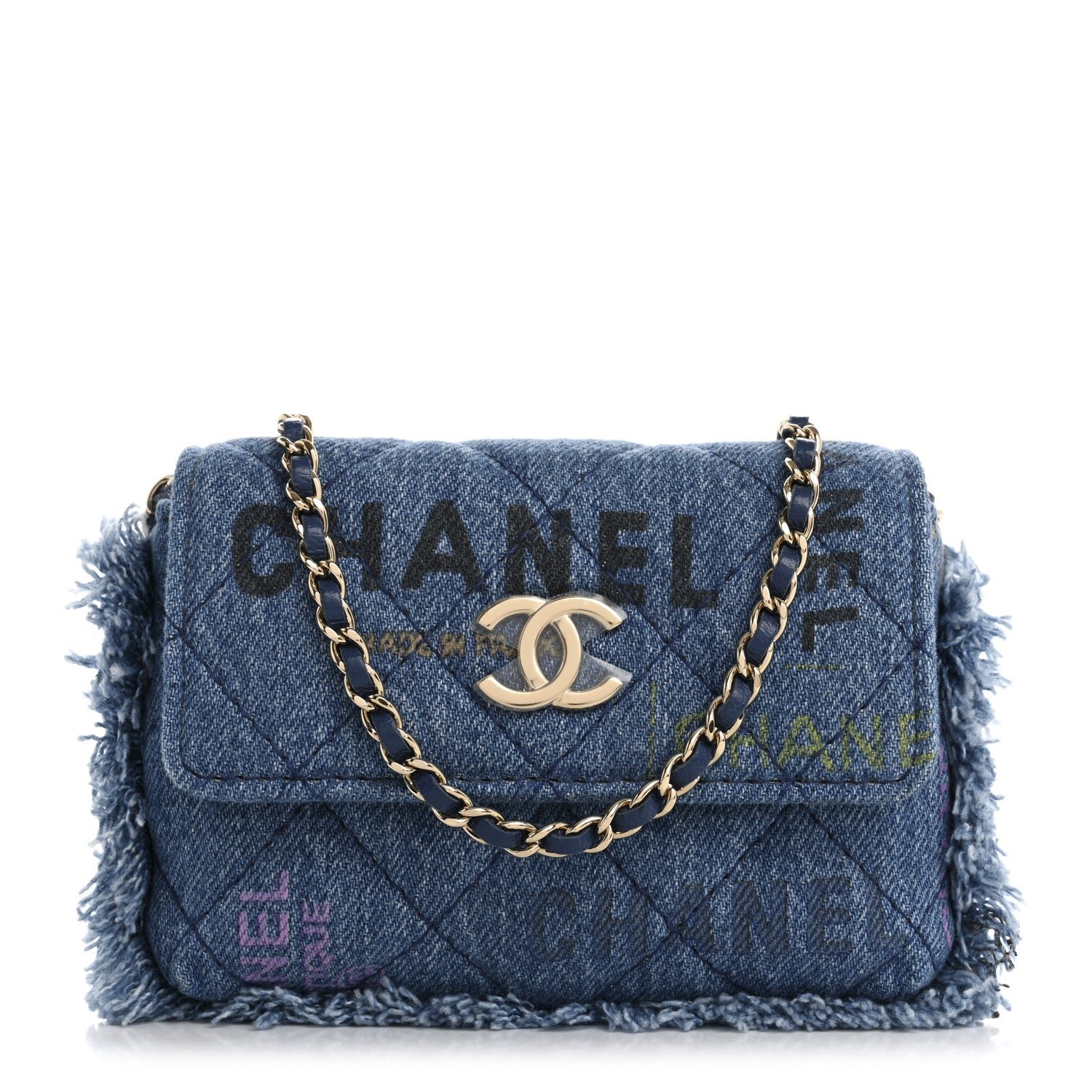 Chanel Denim Quilted Denim Mood Clutch With Chain Blue Multicolor