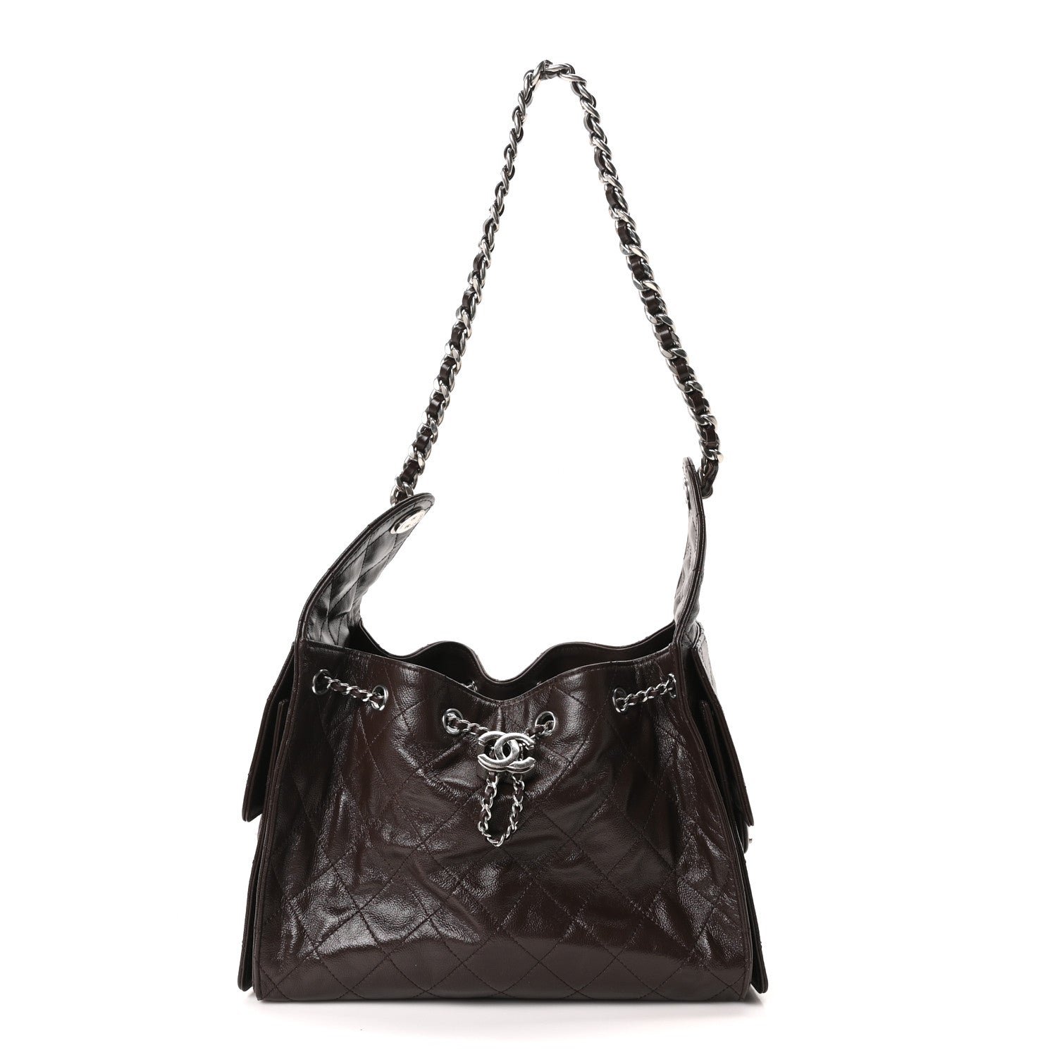 Chanel Shiny Crumpled Calfskin Quilted Small Chanel 25 Handbag Dark Brown