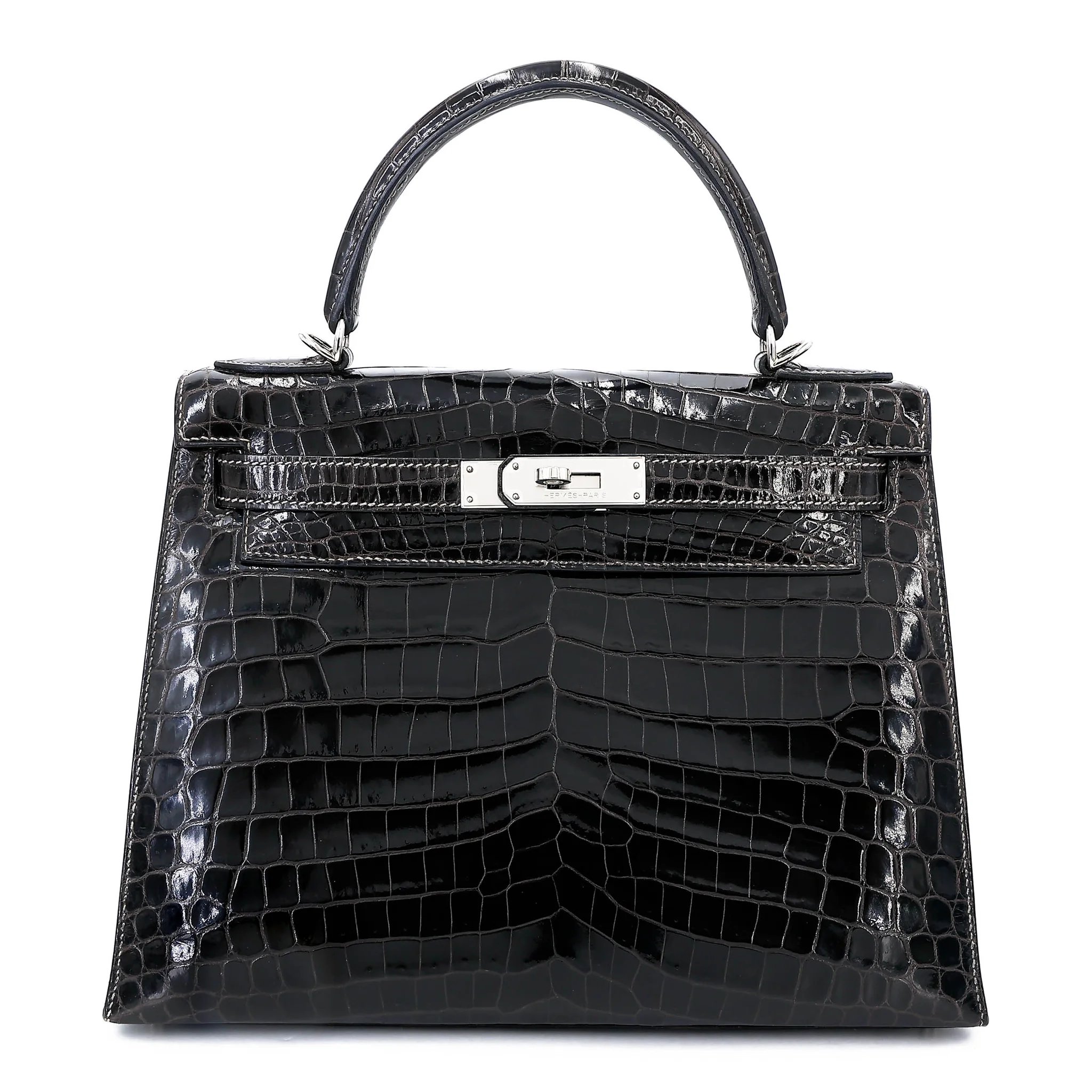 Excellent ( Rank SA ) HERMÈS Kelly 28 Sellier Graphite (88) Shiny Niloticus Crocodile Palladium hardware Square P (2012)