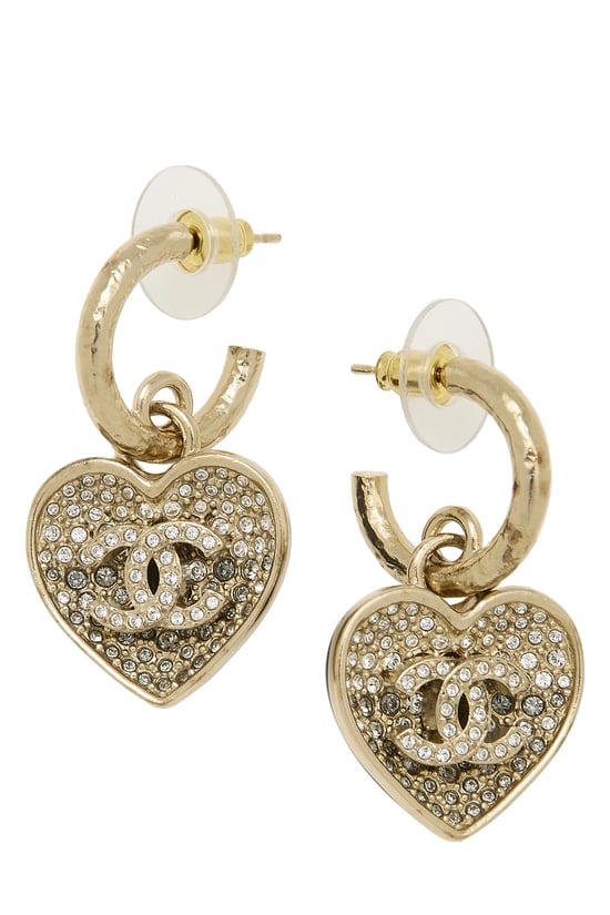Gold Crystal 'CC' Heart Earrings