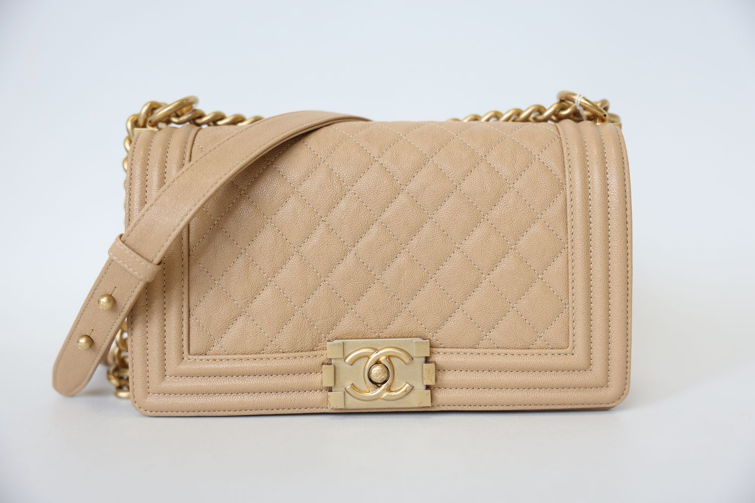 Chanel Boy Old Medium Bag, Light Tan Beige Caviar Leather and Gold Hardware, Preowned in Box WA001