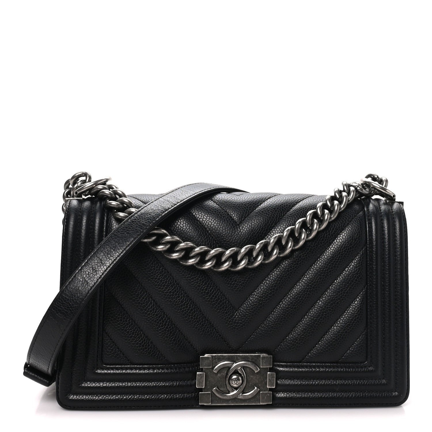 Chanel Caviar Chevron Quilted Medium Boy Flap Black