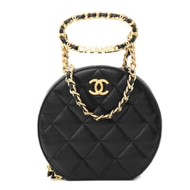 Chanel Lambskin Metal Quilted Small Top Handle Round Shoulder Bag Black