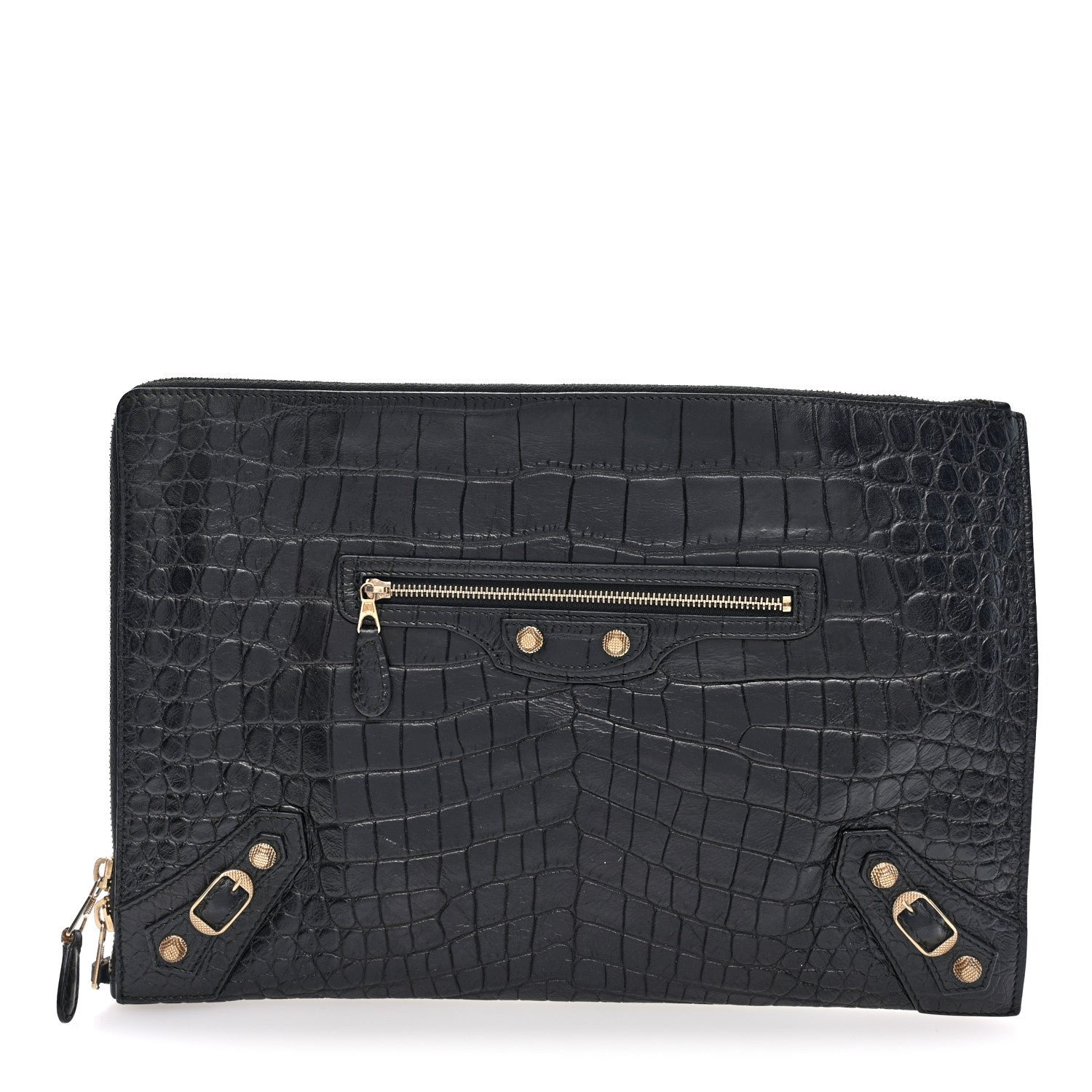 Balenciaga Crocodile Embossed Giant 12 Gold Hardware Pouch Clutch Black