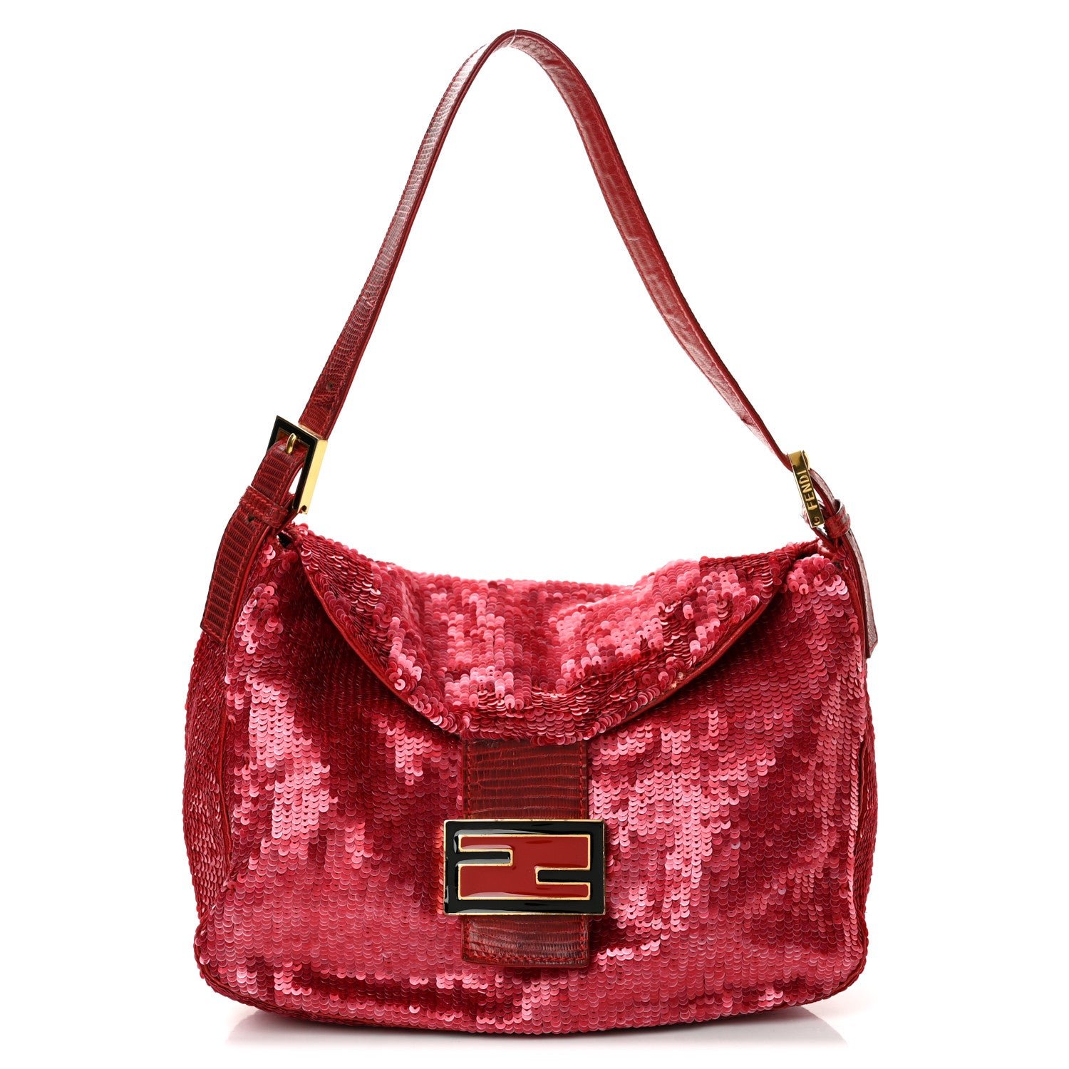 Fendi Sequin Lizard Enamel Baguette Red
