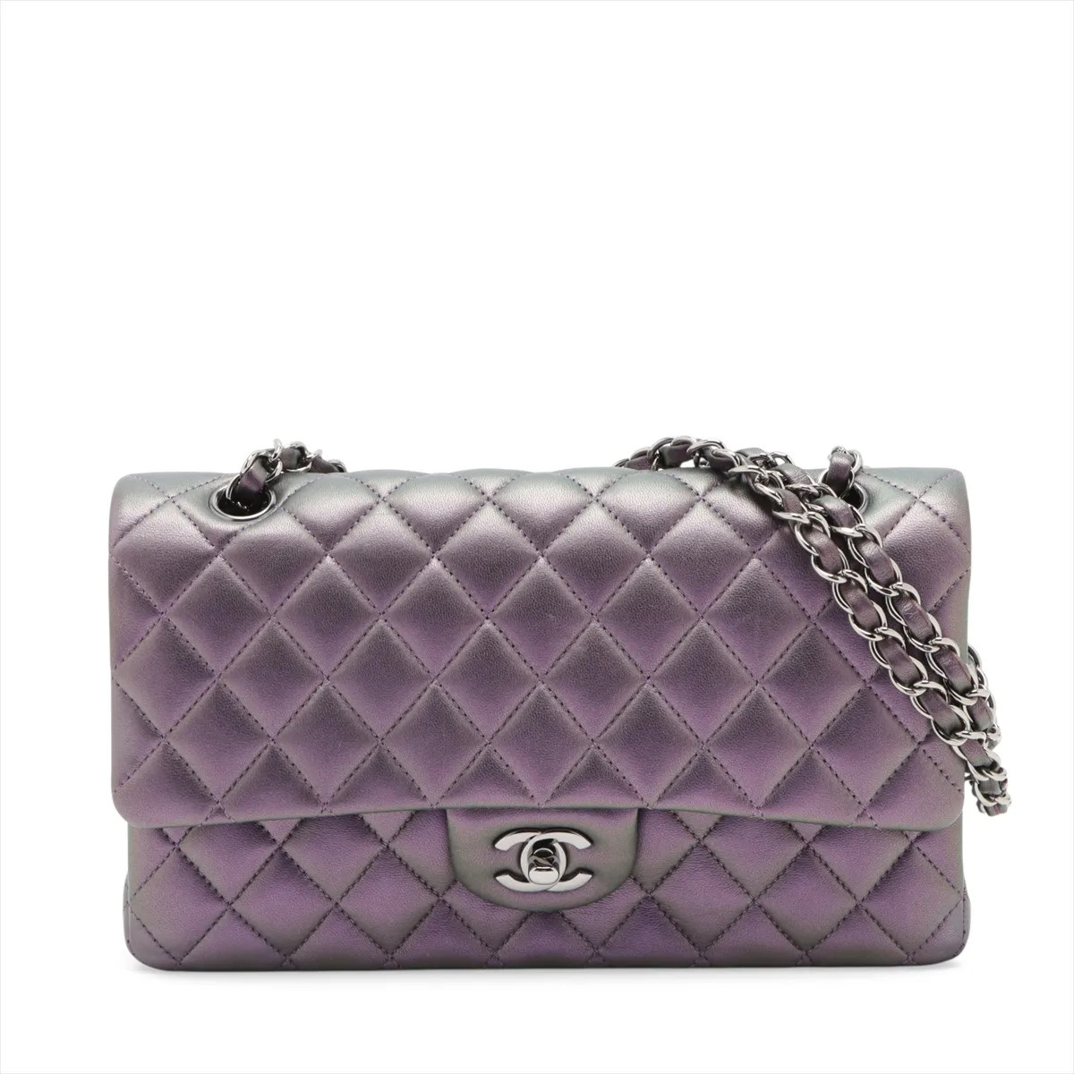 Chanel Matelasse 25 Lambskin Double Flap Double Chain Bag Purple Silver Metal Fi