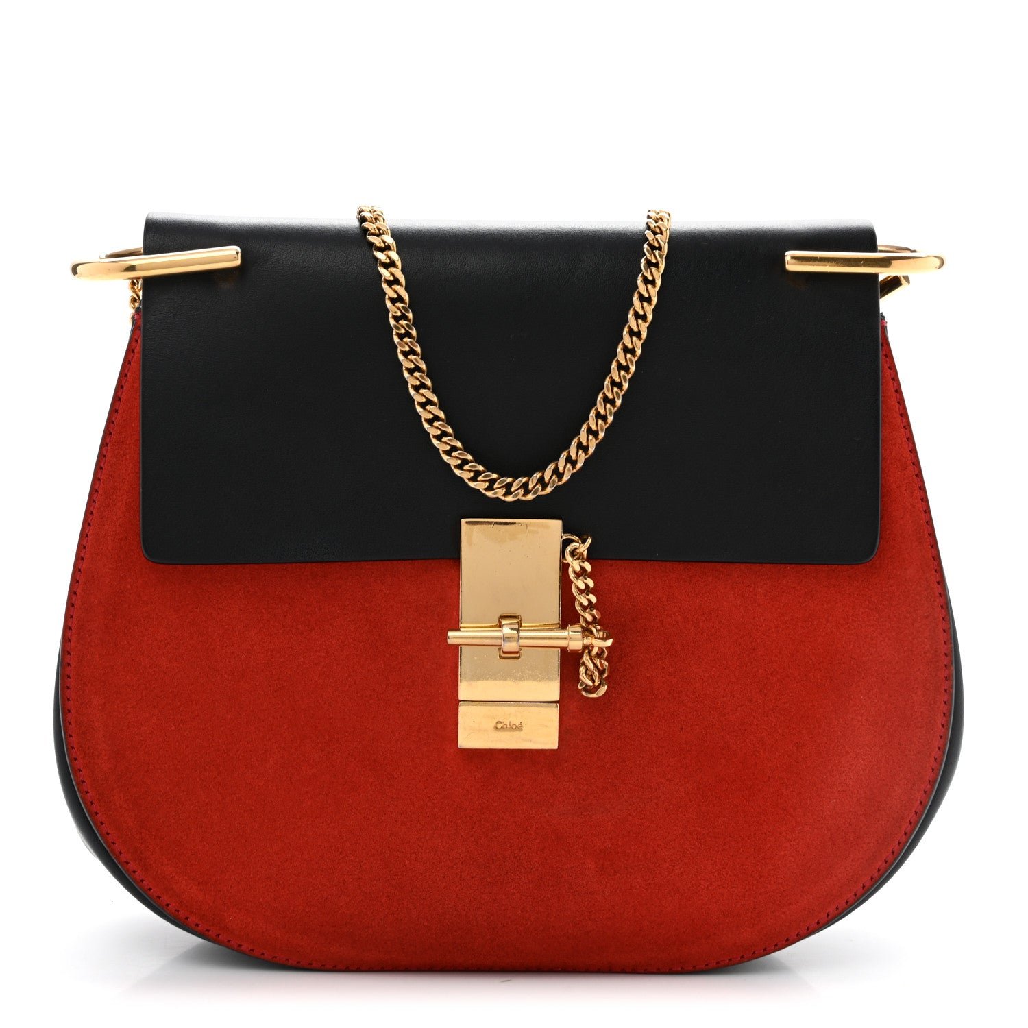 Chloe Suede Smooth Calfskin Drew Shoulder Bag Plaid Red Black