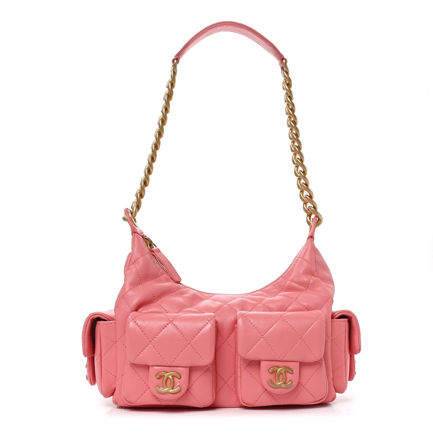 Chanel Shiny Lambskin Quilted Trendy Pockets Hobo Coral Pink