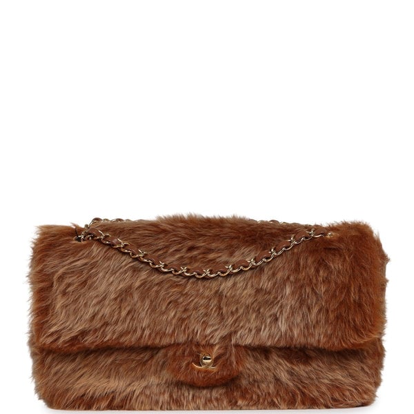 Chanel Maxi "Souplissimo" Small Flap Bag Brown Shearling Lambskin Gold Hardware