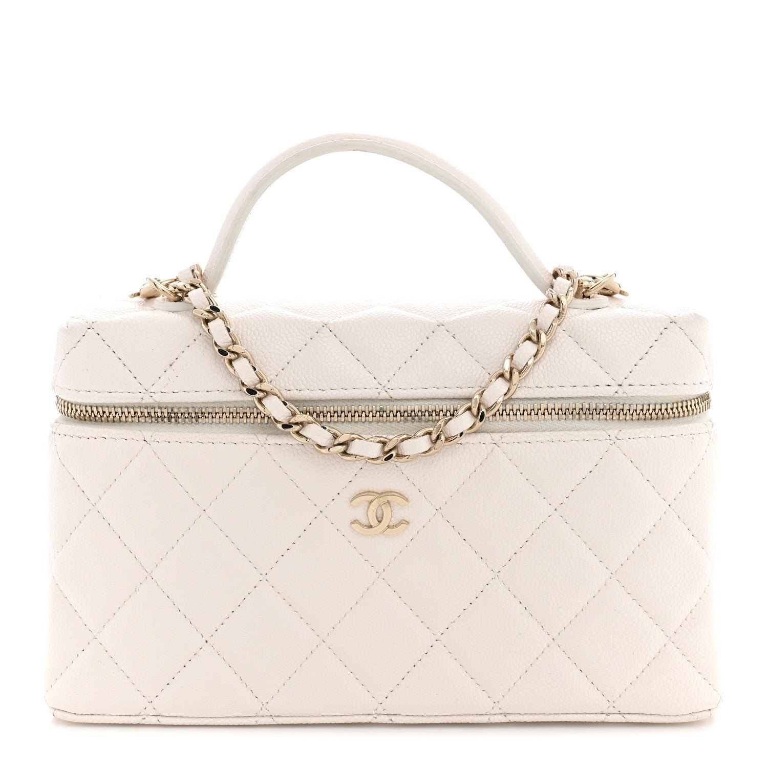 Chanel Caviar Quilted Top Handle Slim Vanity With Chain White
