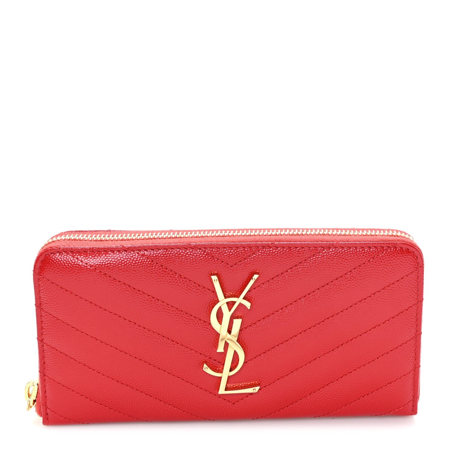Saint Laurent Grain De Poudre Matelasse Chevron Monogram Zip Around Wallet Red