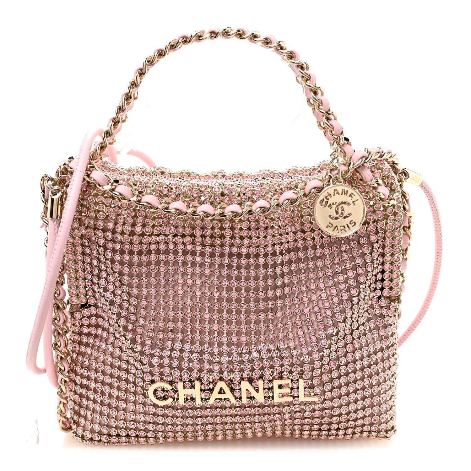 Chanel Crystal Embellished Metallic Lambskin Mini Chanel 22 Light Pink