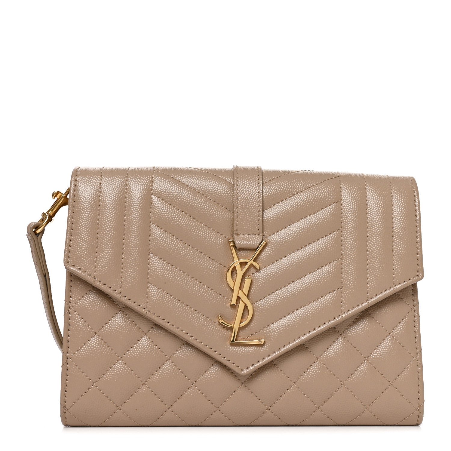 Saint Laurent Grain De Poudre Textured Mixed Matelasse Triquilt Monogram Clutch Dark Beige
