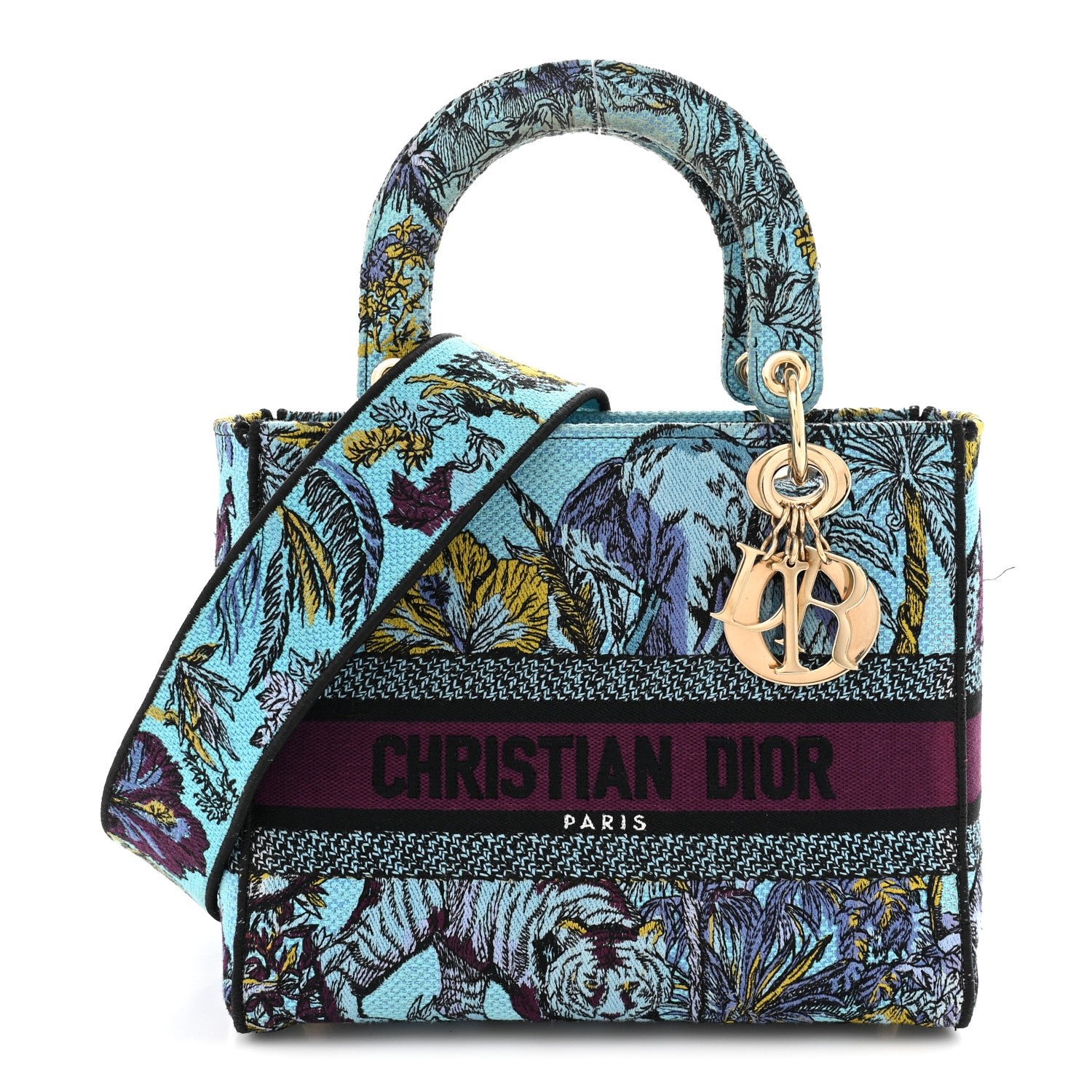 Christian Dior Canvas Toile de Jouy Voyage Embroidered Medium Lady D-Lite Celestial Blue
