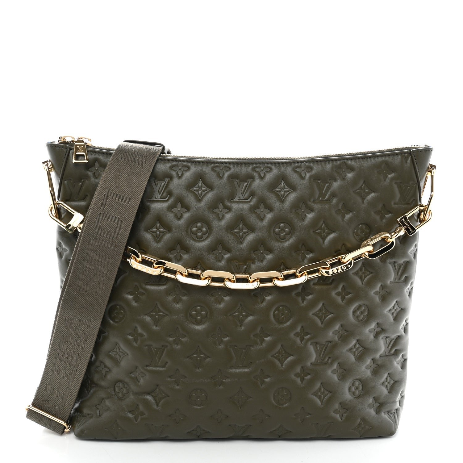 Louis Vuitton Calfskin Embossed Monogram Coussin Hobo Dark Kaki