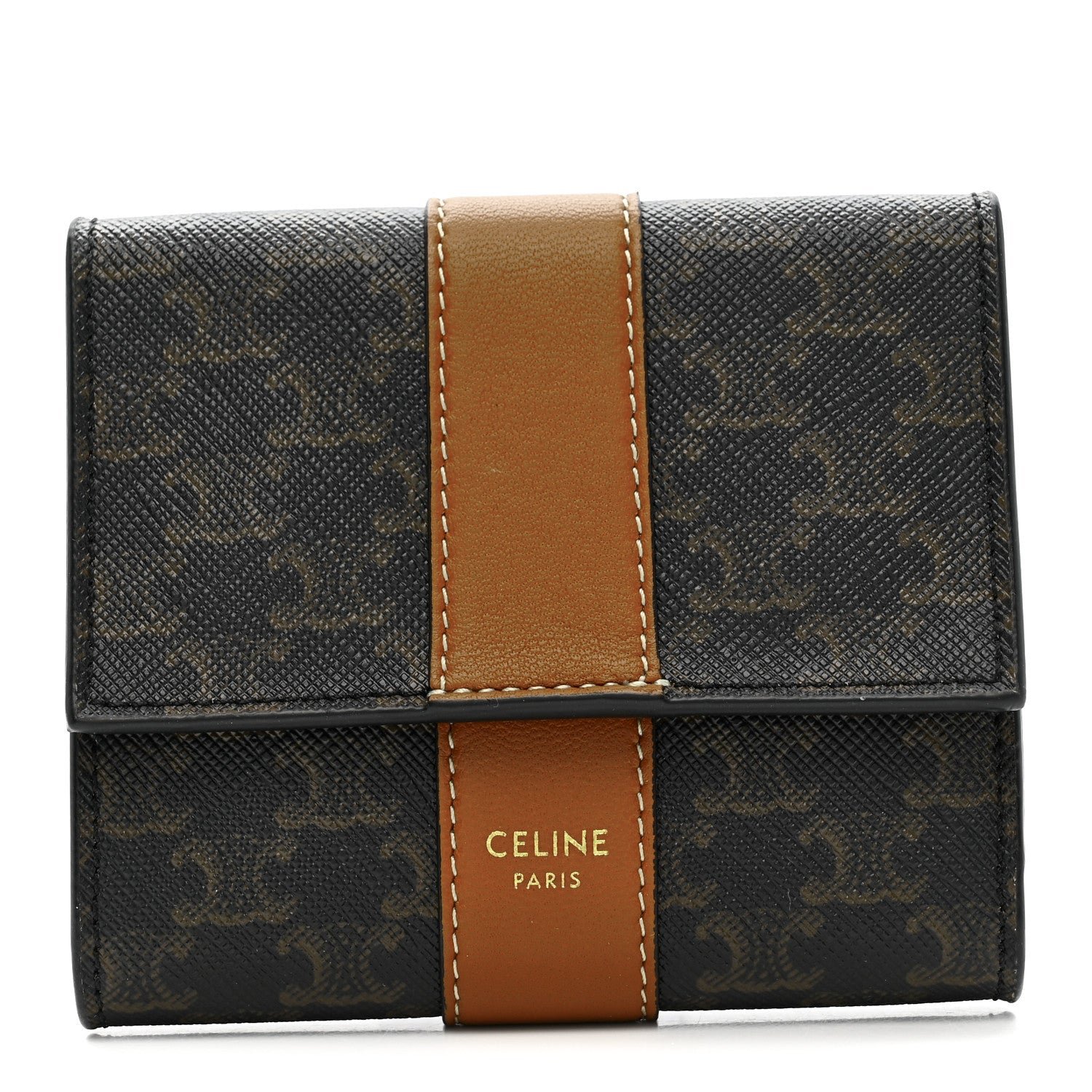 Celine Canvas Triomphe Lambskin Folded Compact Wallet Tan