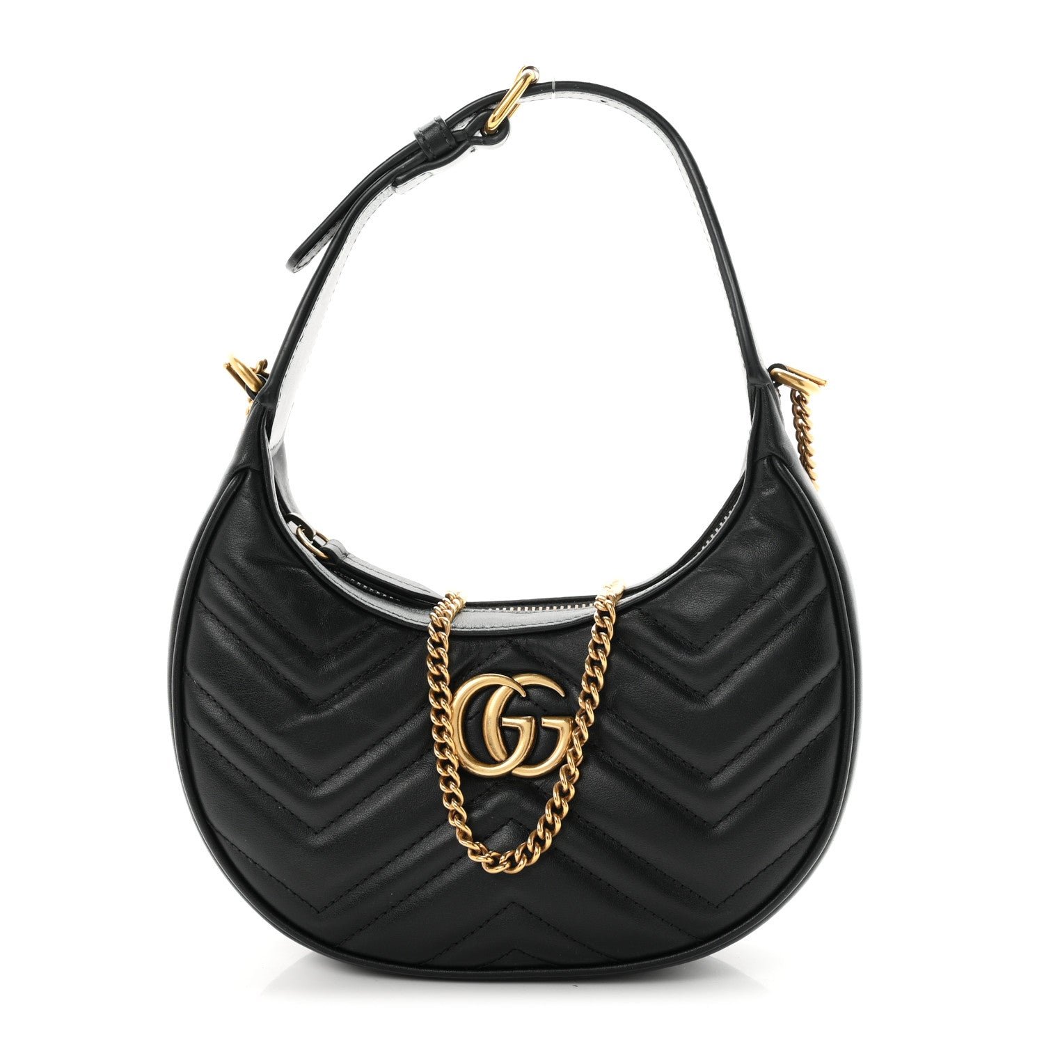 Gucci Calfskin Matelasse Chevron Mini GG Marmont Half Moon Hobo Black