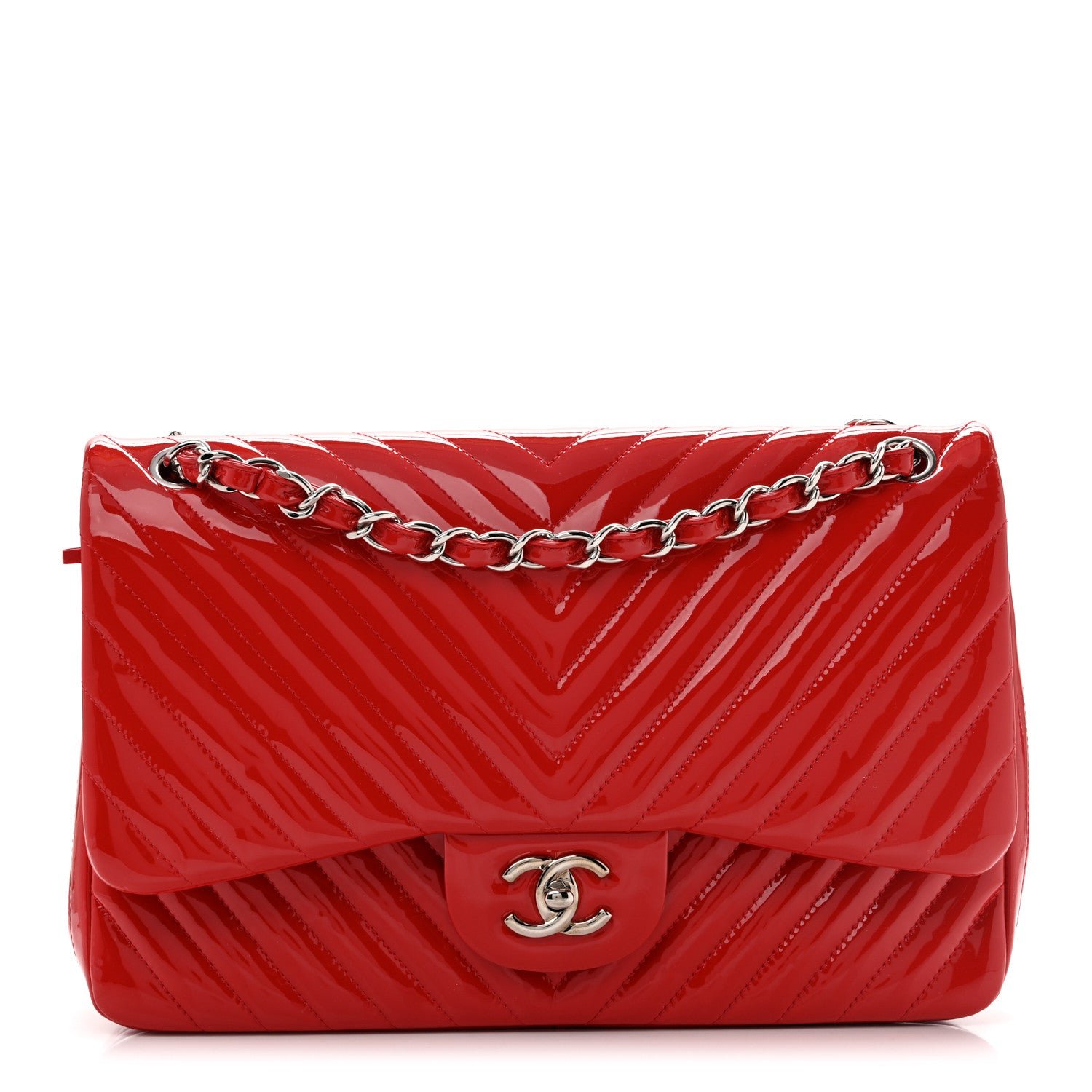 Chanel Patent Chevron Quilted Jumbo Double Flap Red