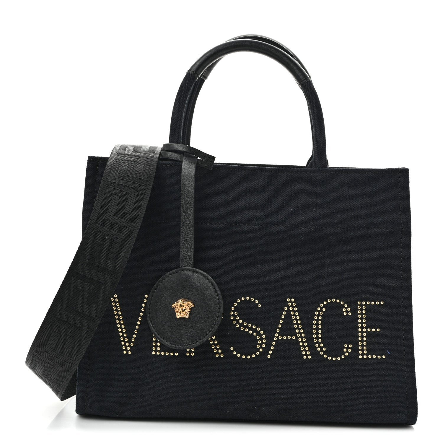 Versace Canvas Studded Small Logo Tote Bag Black